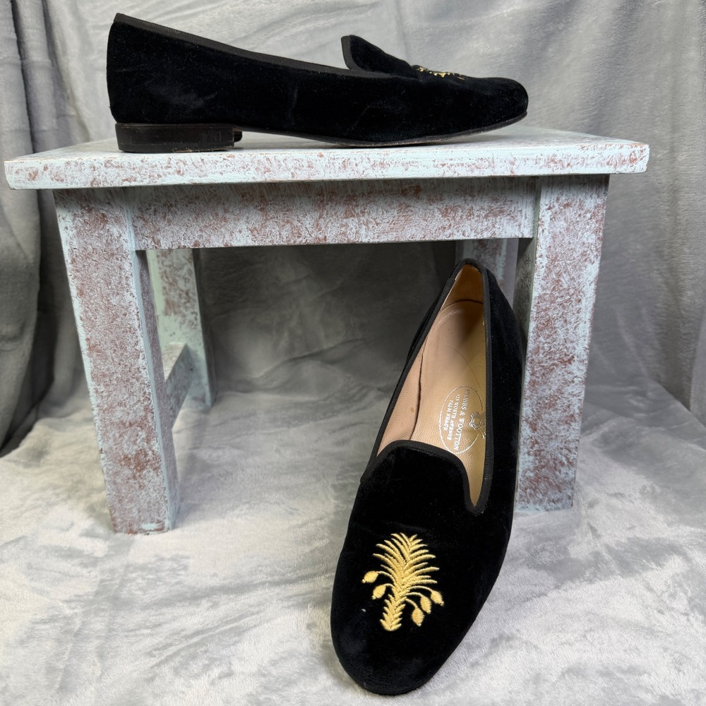 Stubbs & Wootton Velvet Smoking Slippers Womens 7 Black Gold Palm Tree Loafers